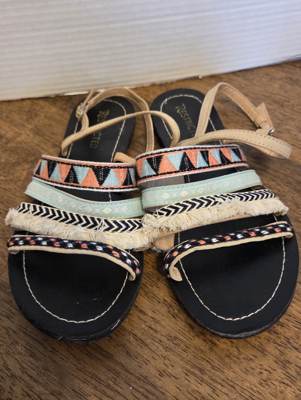 Women's Multi-Stripe Fringe Boho Embroidered Sandals - Black/Mint/Coral